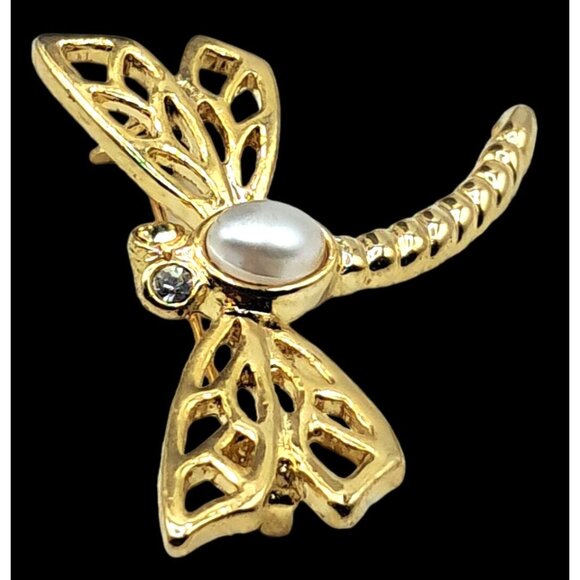 Vintage Dragonfly Brooch With Faux Pearl Clear Rhinestones Crystals Figural Pin - Picture 4 of 8
